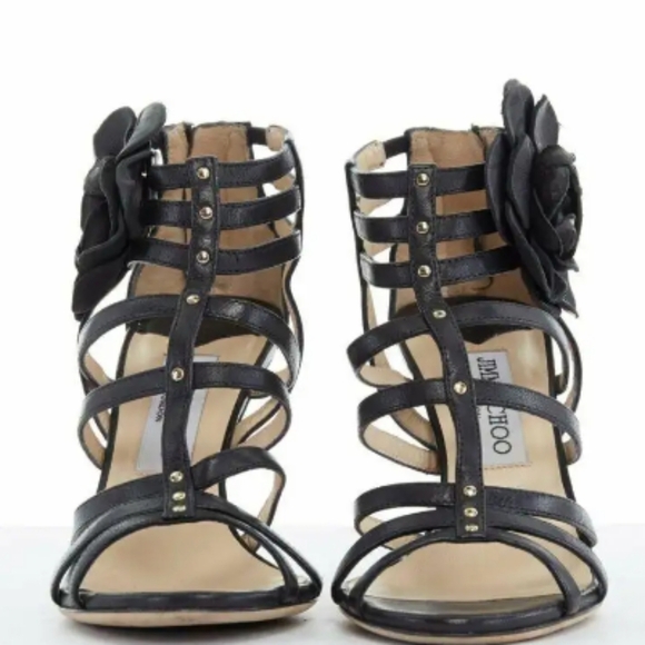 Authentic Jimmy Choo Black Leather Opaque Flower Cage Sandals - Picture 5 of 13